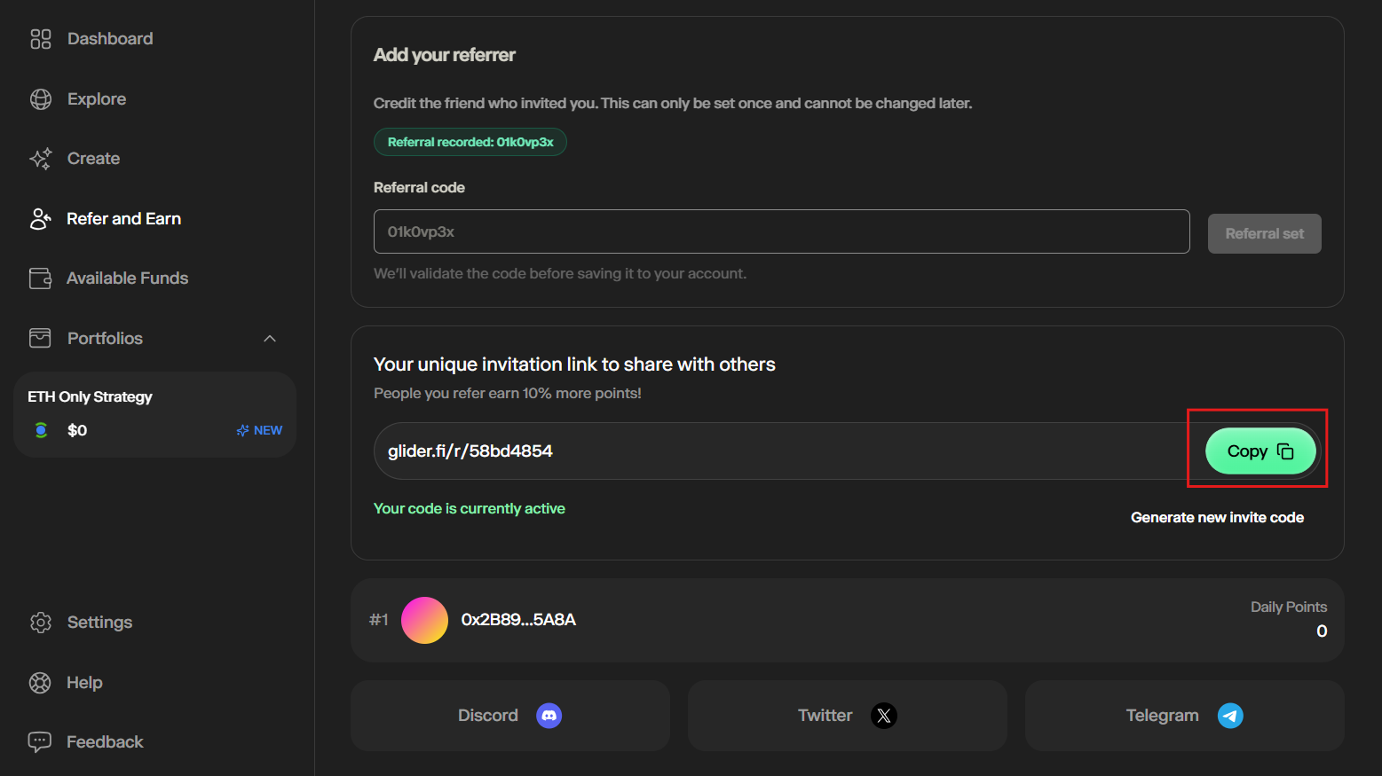 copy the referral code and invite friends