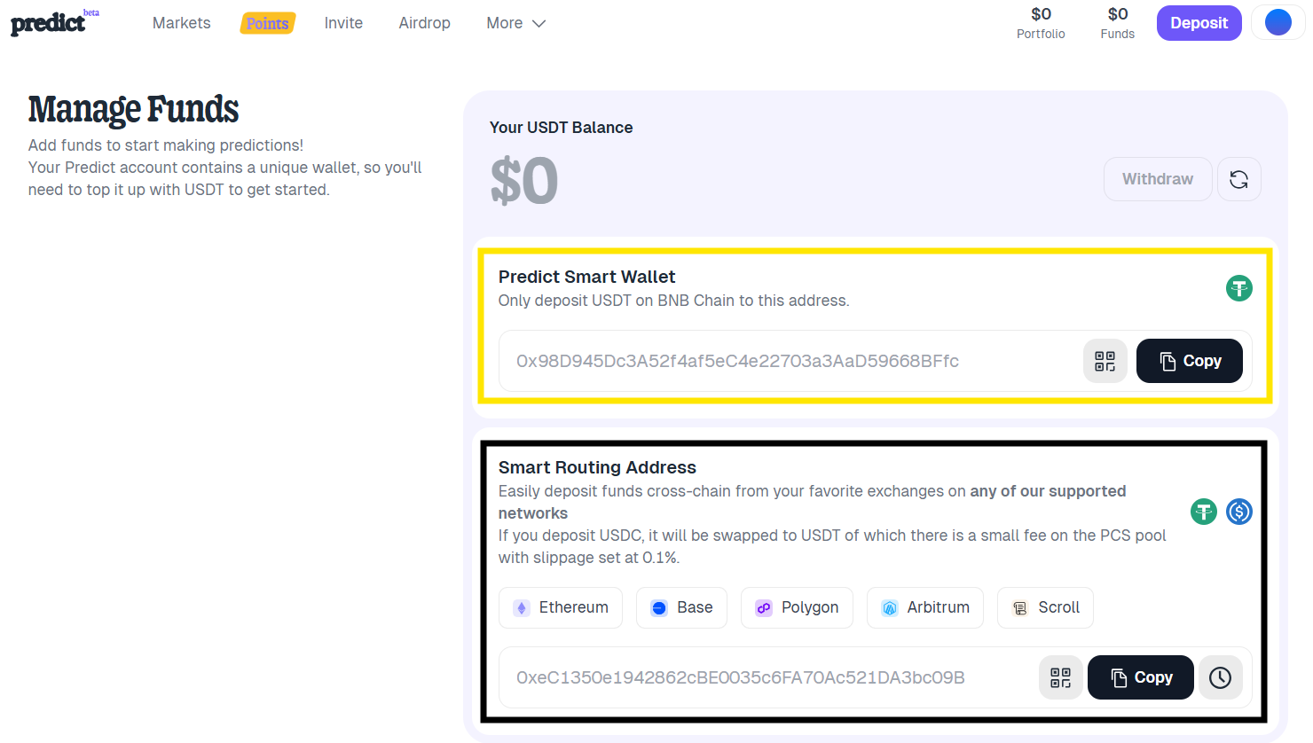deposit fund into predictfun account