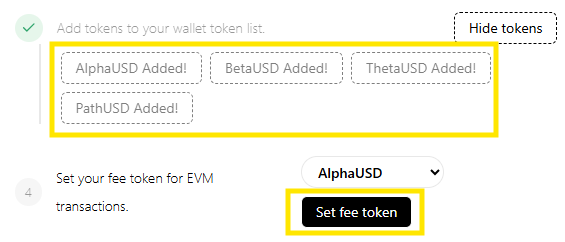 add tokens then set a fee token (e.g., alphausd) for gas