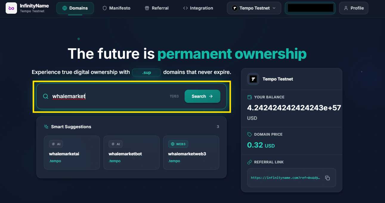 mint id: search and register a domain on tempo testnet (infinityname)