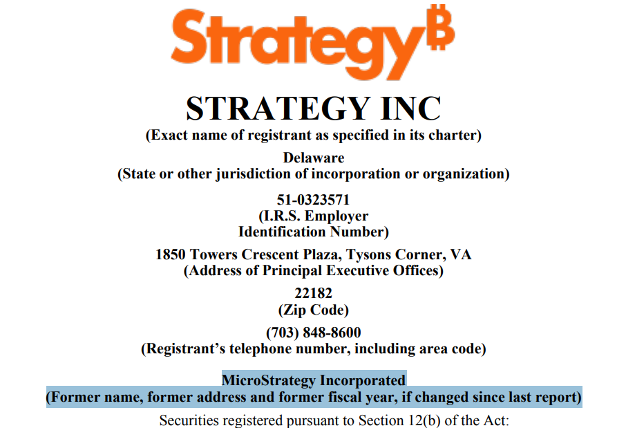 strategy inc filing: microstrategy listed as the former name