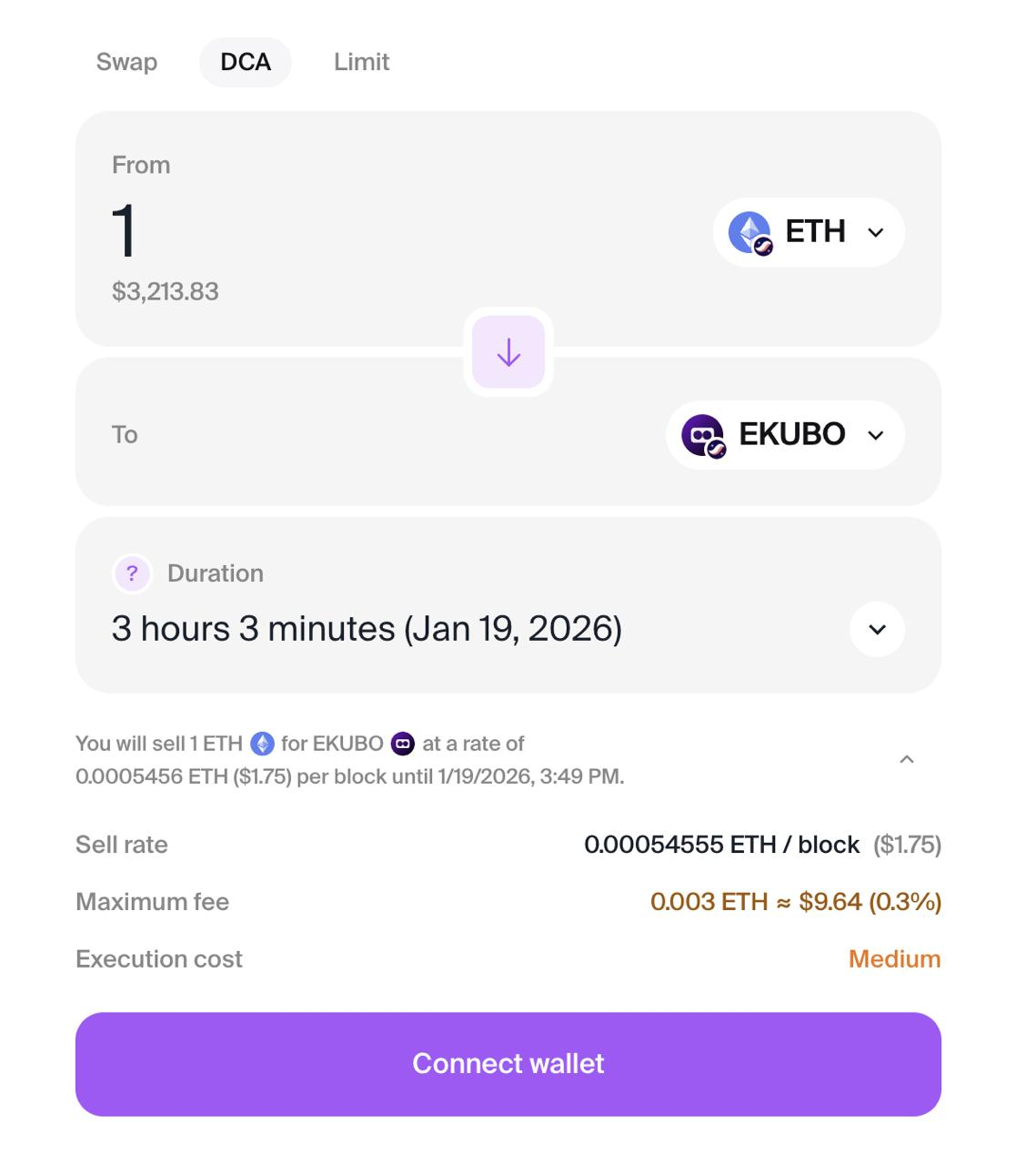 ekubo dca interface for time weighted trade execution