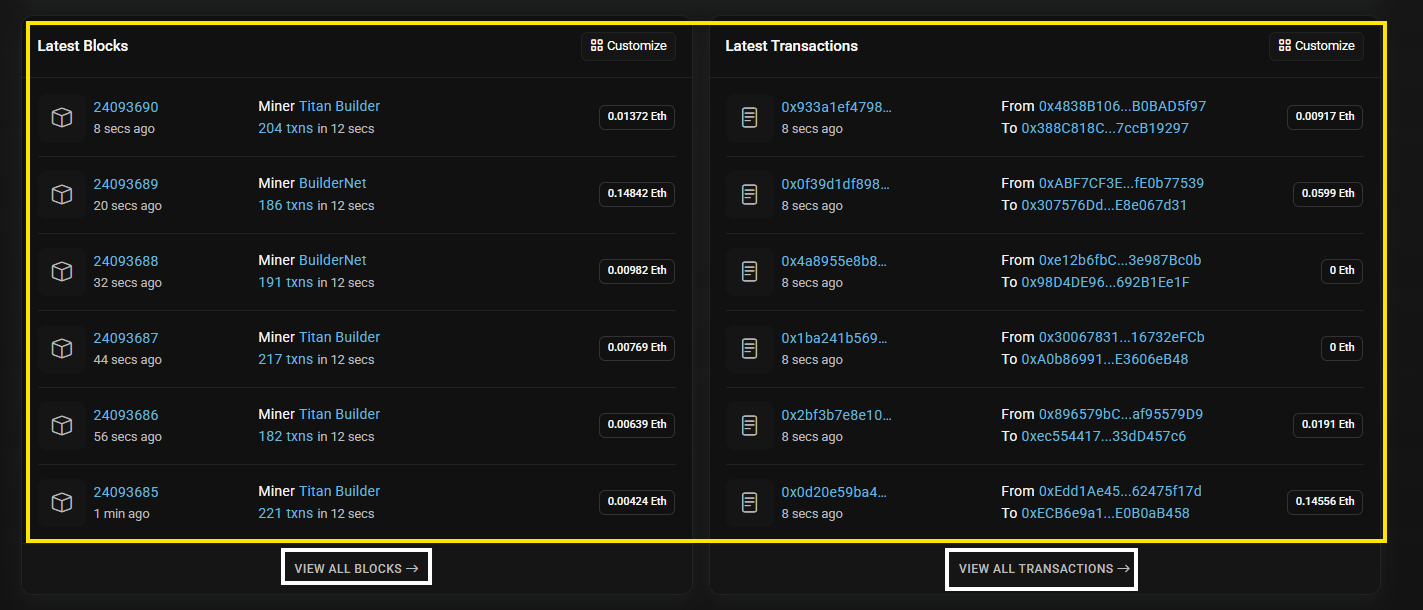 latest blocks and recent transactions displayed on a blockchain explorer homepage