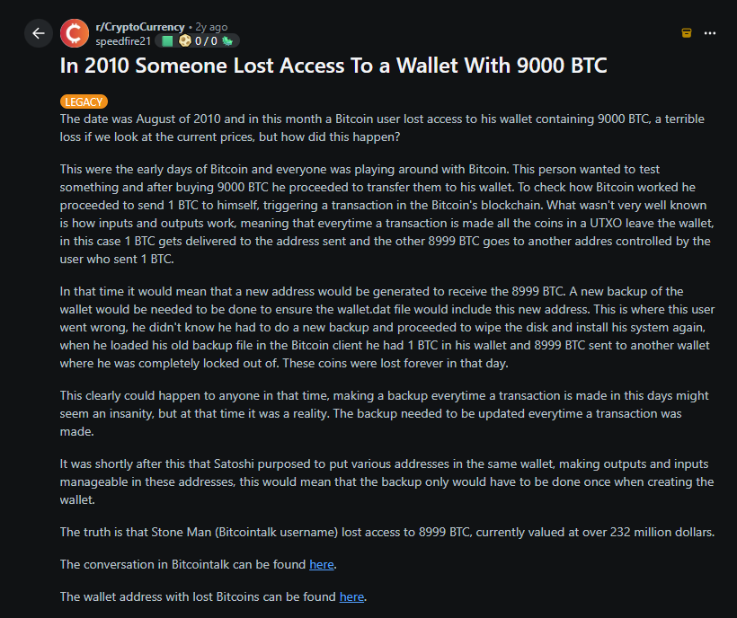 early bitcoin users lost access to wallets worth millions today