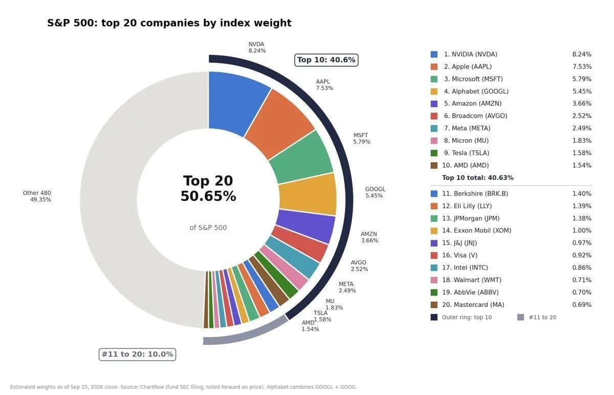The top 20 companies account for more than half of the S&P 500's weight in the original image